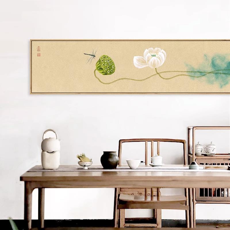 新中式客厅餐厅装饰画心经挂画禅意荷花莲花挂画茶室横幅装饰墙画