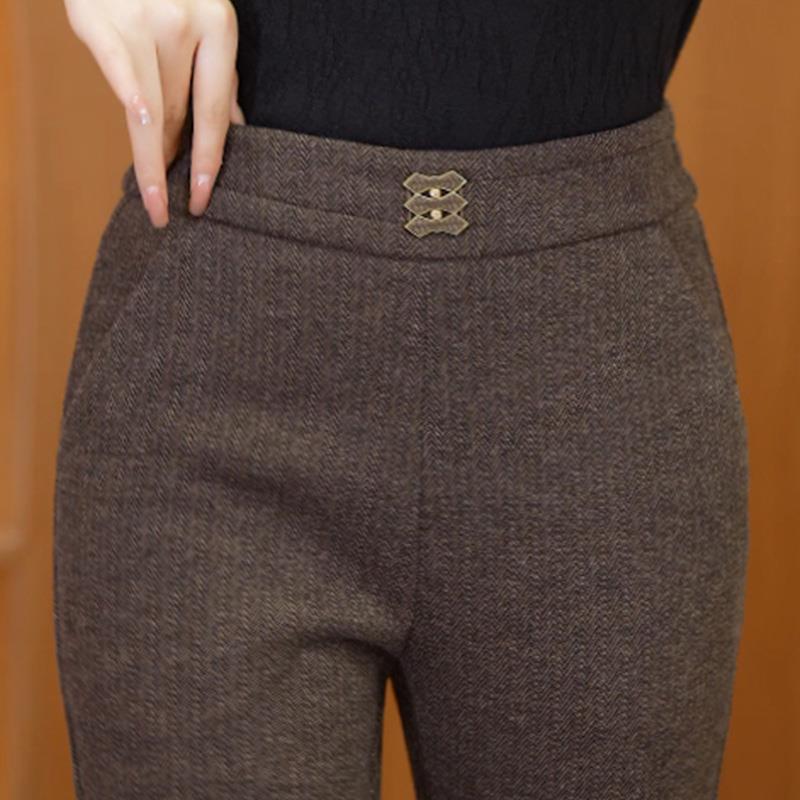 秋冬咖啡色裤子女2025年天加厚毛呢中年妈妈微喇裤子0923z