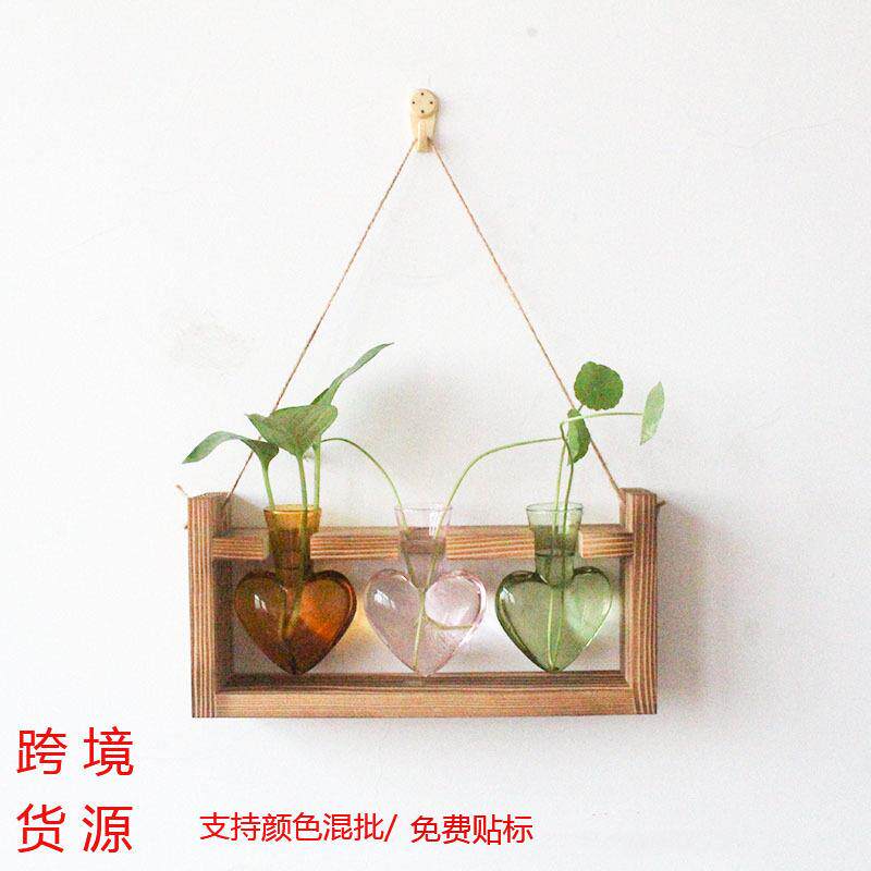 创意悬挂木架水培花瓶彩色心形透明玻璃花瓶容器家居装饰插花摆件