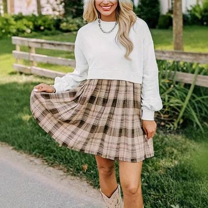 Women Fall Short Tshirt Dress Long Sleeve Round Neck Plaid图片