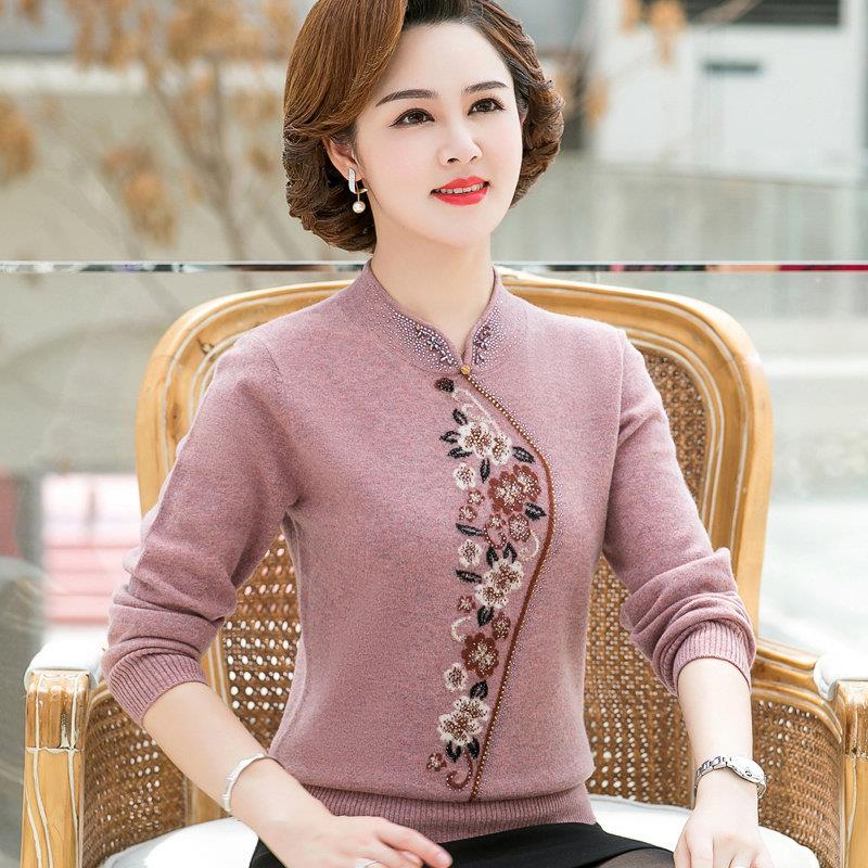 100%纯山羊绒品牌中老年女装保暖毛衣妈妈秋冬中式羊毛衫打底上衣