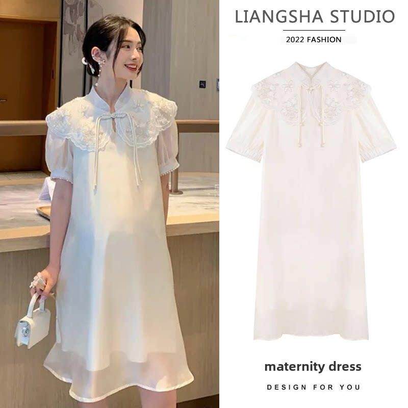 夏日孕妇装中式时尚网红套装夏日短袖上衣绣花裙