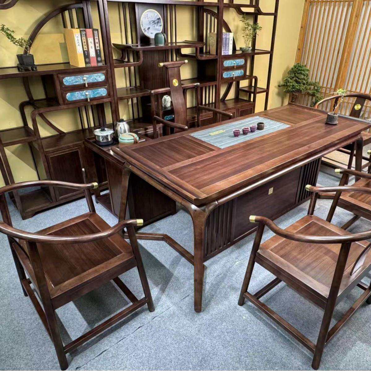落地黑胡桃木茶桌椅组合实木泡茶桌子禅意茶台茶室家具工厂直供