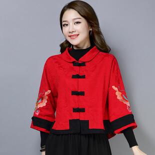 2024秋冬新款大尺码七分袖中国风蝴蝶绣花短款上衣百搭女棉麻外套
