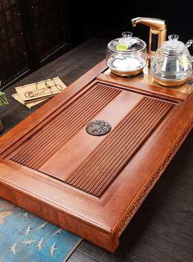 録沅金花梨实木茶盘茶具家用电茶炉四合一套装茶台烧水台茶托茶海