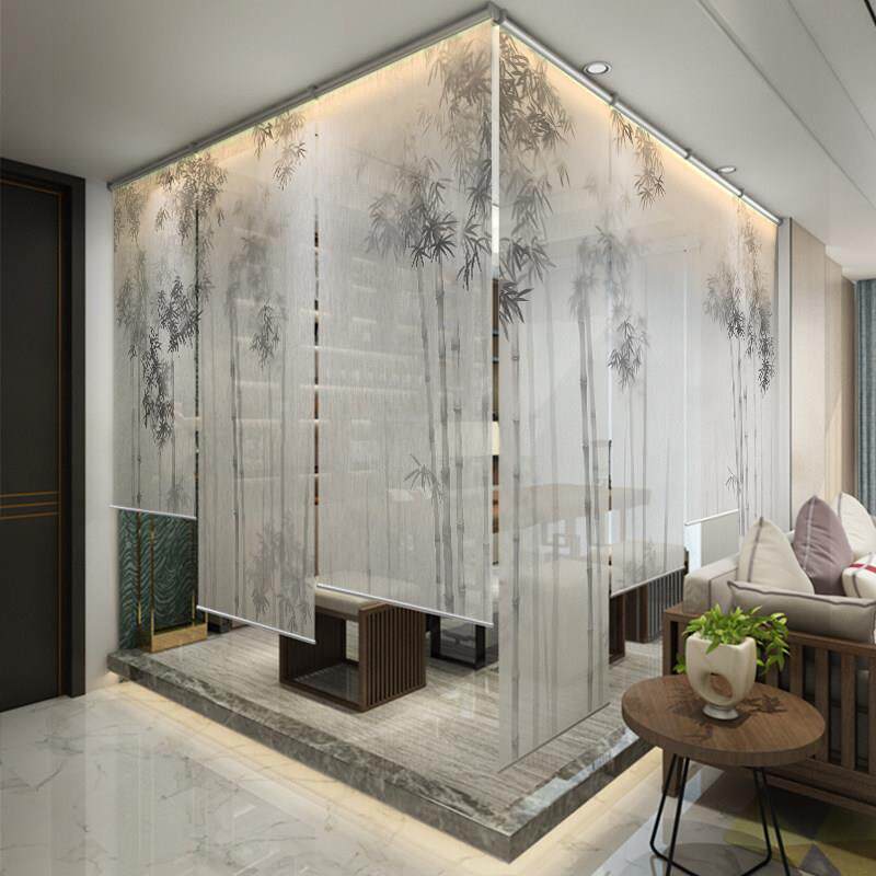 中式山水画 画柔纱卷帘窗帘电动升降半透遮阳遮光数码印花水墨隔