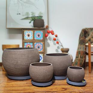 包邮黑色陶瓷花盆大口径紫砂陶罐创意多肉自吸水花盆庭院绿化摆件