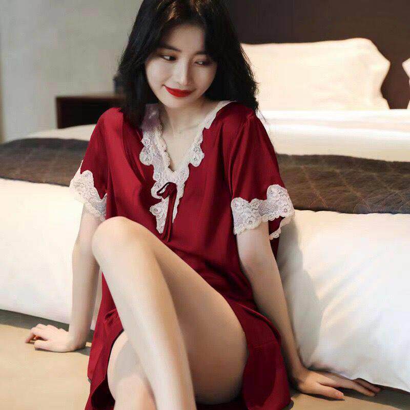 新款蕾丝短袖睡裙缎面丝绸睡衣女夏冰丝宽松大尺码可外穿家居睡衣
