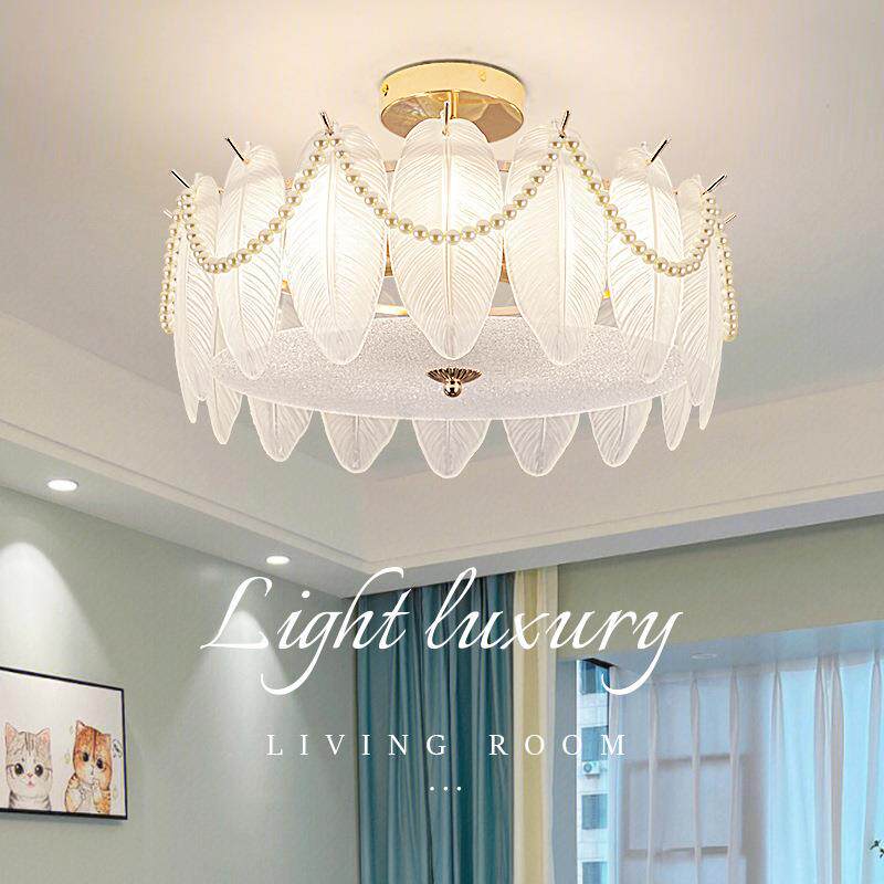 轻奢吸顶灯卧室灯奶油风珍珠羽毛餐厅灯家用公主房灯LED护眼灯饰