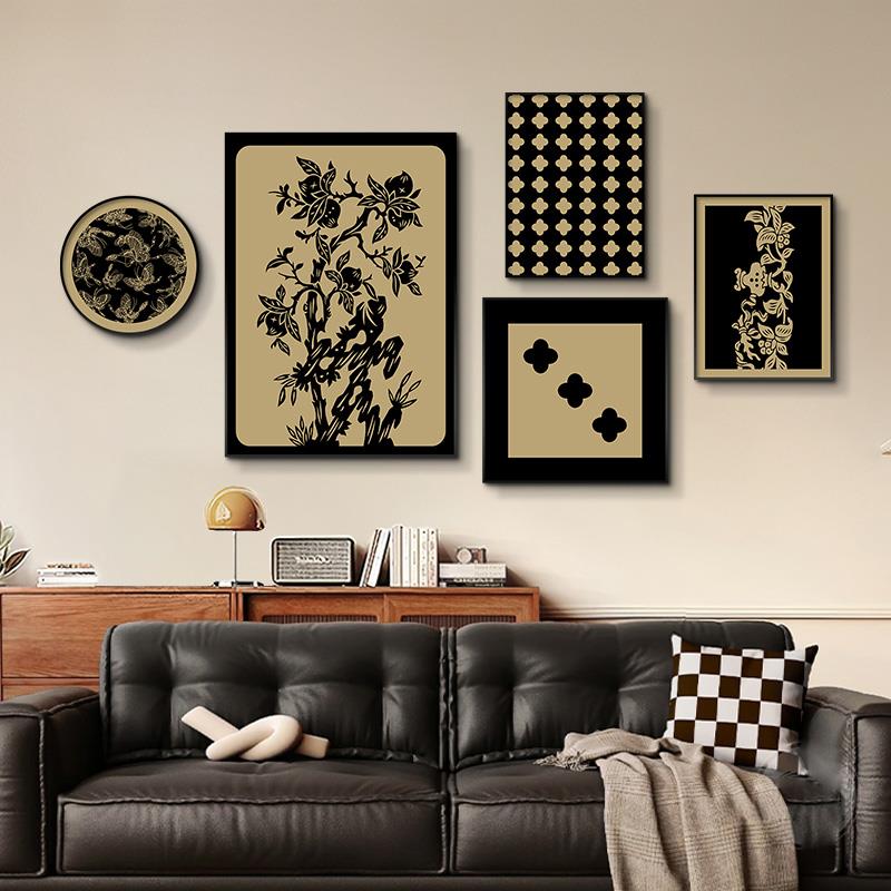 网红客厅装饰画组合复古背黑金艺抽挂象沙发景墙中画古高端软装术图片
