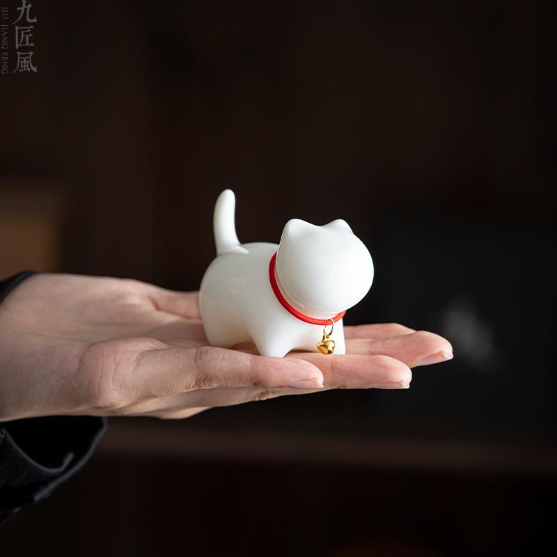九匠风羊脂玉手工茶宠可爱小猫茶道摆件家用陶瓷功夫茶具茶道配件