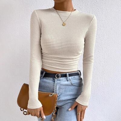 Women's Plain Textured Ruched Round Neck Tee  Elegant Long