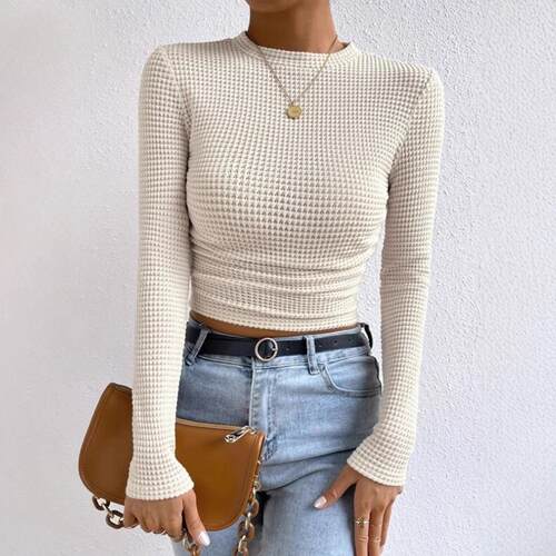 Women's Plain Jacquard Textured Long Sleeve Crew Neck Fitted