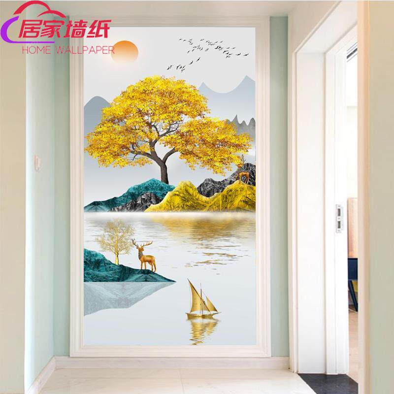 中式山水过道走廊背景墙壁纸发财树麋鹿入户玄关墙布抽象装饰壁画