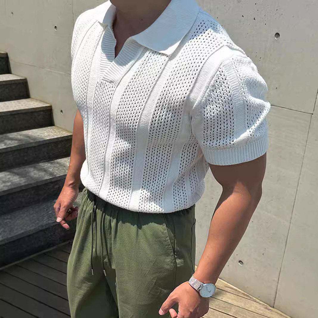 美式丝光棉冰丝polo衫透气镂空短袖卫衣翻领网眼紧袖针织t恤衫