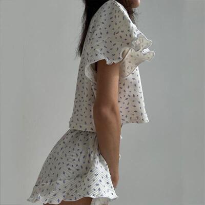 Women's casual printed set pajamas荷叶短袖圆领短裤睡衣两
