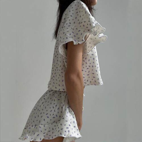 Women's casual printed set pajamas荷叶短袖圆领短裤睡衣两