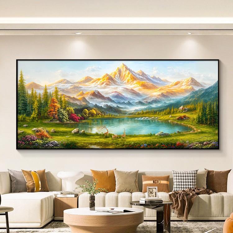 纯手绘油画聚财风水墙画现代风景装饰挂画酒店横幅办公室山水壁画