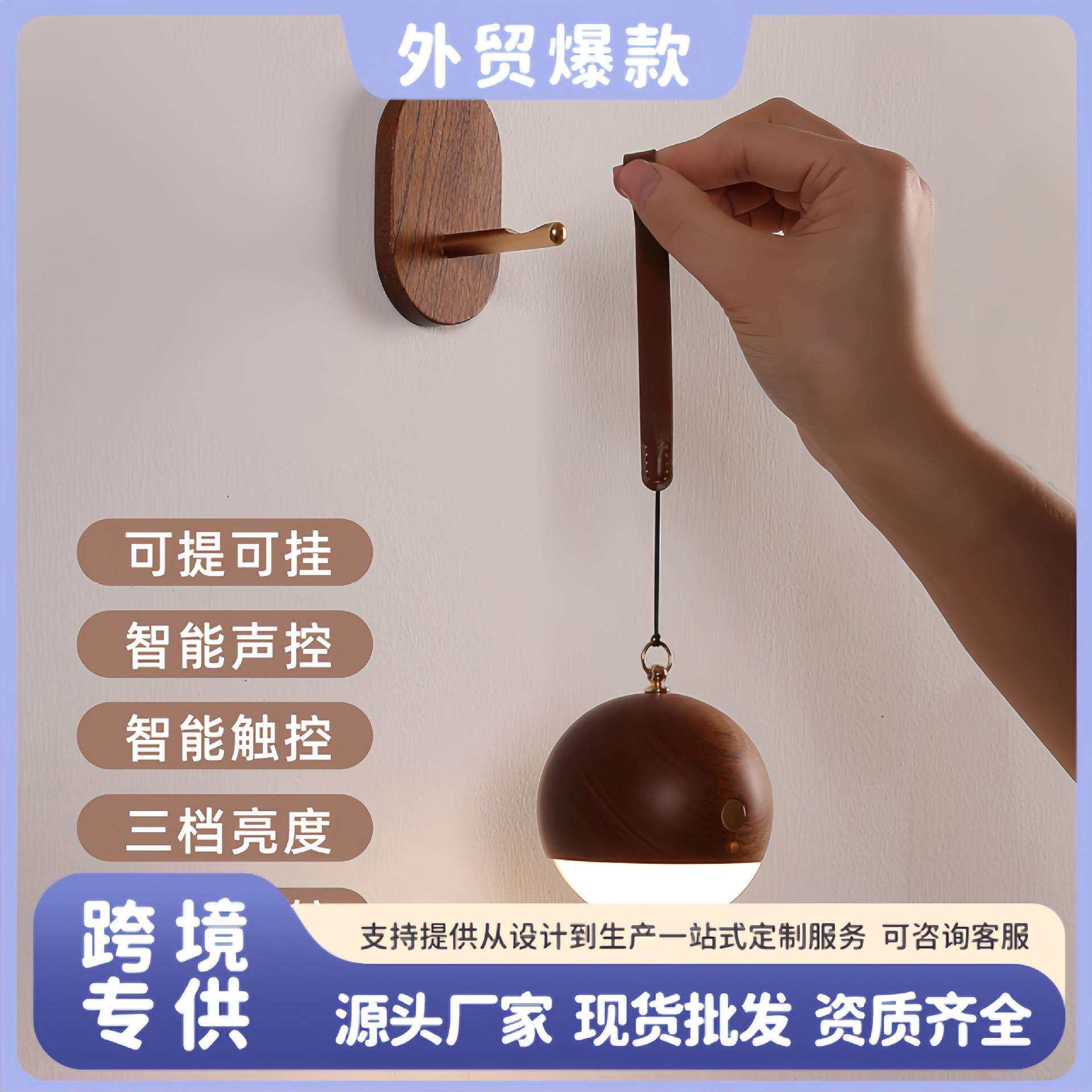 实木语音声控灯悬挂手提夜灯睡眠进门入户壁灯触控LED智能床头灯
