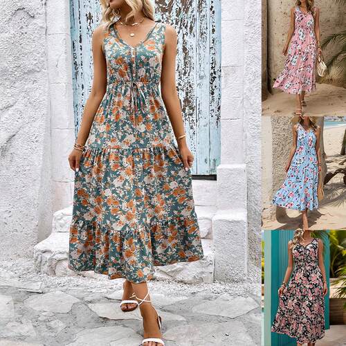 Women's Floral Print Fake Buttons Ruffle Hem Fitted Tank