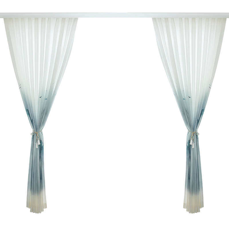 新中式窗帘山水水墨画遮光窗纱客厅卧室飘窗阳台中国风纱帘成品