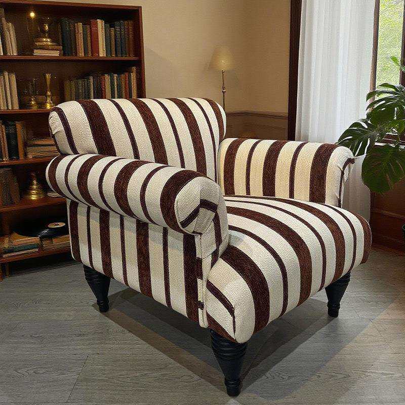 法式复古单人布艺沙发椅中古风小户型条纹棉麻设计师美式老虎椅