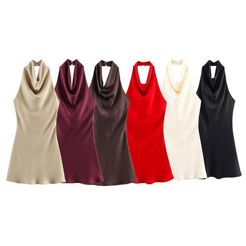 Women's black satin halter neck dress