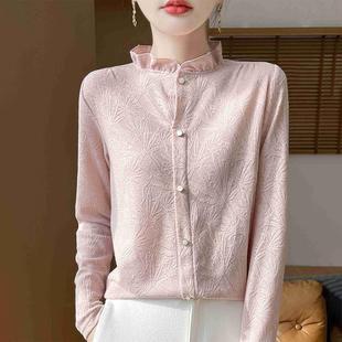 1219e 女高领提花长袖 2025秋新款 高级感木耳边蕾丝边领针织打底衫