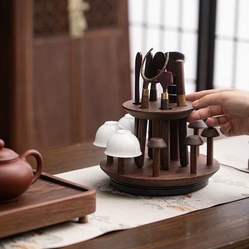 胡桃木茶道六君子旋转杯架一体套装中式高档桌面收纳茶具配件摆件