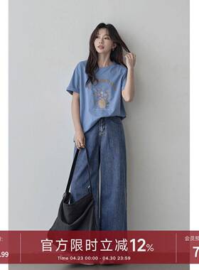 HUIXI绘系 蓝色圆领短袖T恤女2026新款宽松复古印花宽松正肩上衣