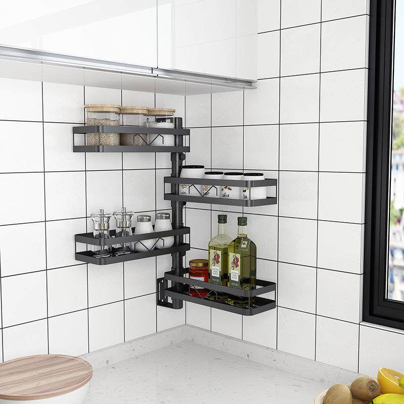 1ZY61419黑钢打孔厨房料转角置物架调调味架壁挂免可旋转多式层铁