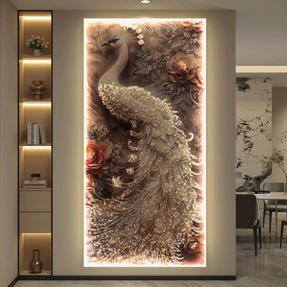 孔雀入户门玄关装饰画 画LED灯轻奢高级感2025新款客厅挂画 画走