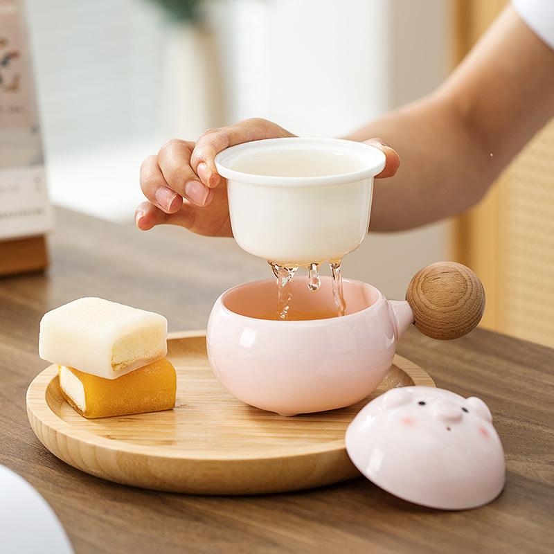 居述陶瓷泡茶杯茶水分离女士办公室咖啡杯创意少女心猪猪带盖杯子
