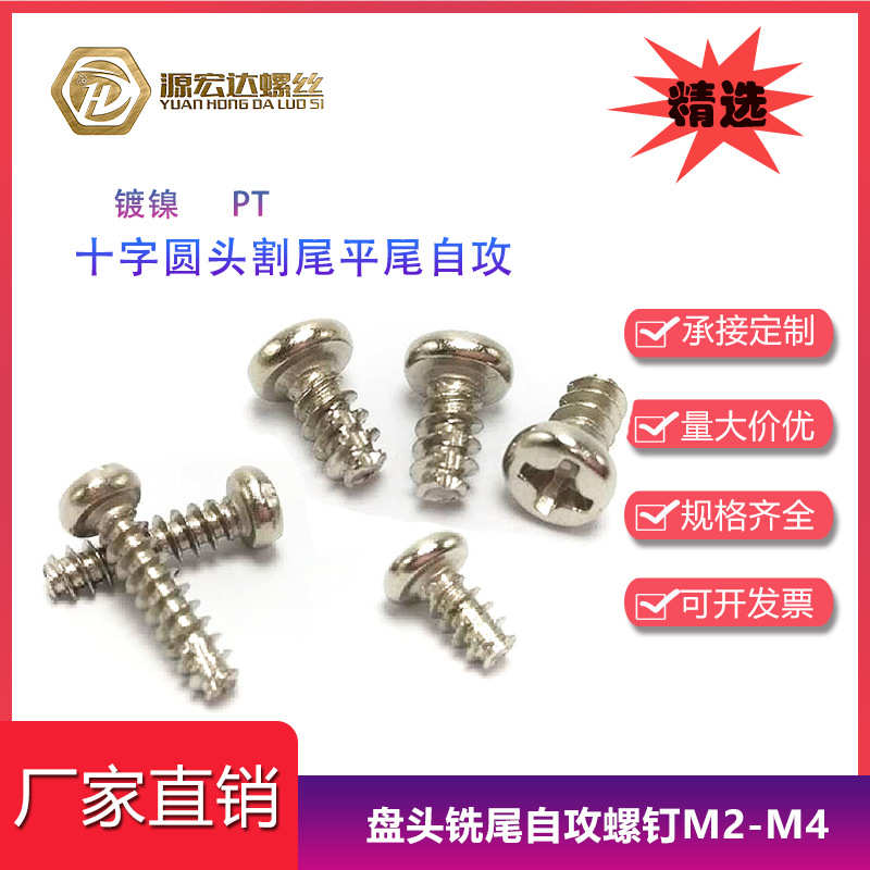 圆头割尾自攻螺钉PT镀镍十字盘头铣尾平尾缺口电子螺丝M2-4打塑胶