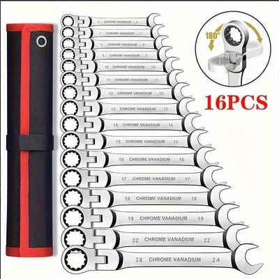 180度摇头棘轮扳手16pcs汽修船舶维修组套工具6-24mm