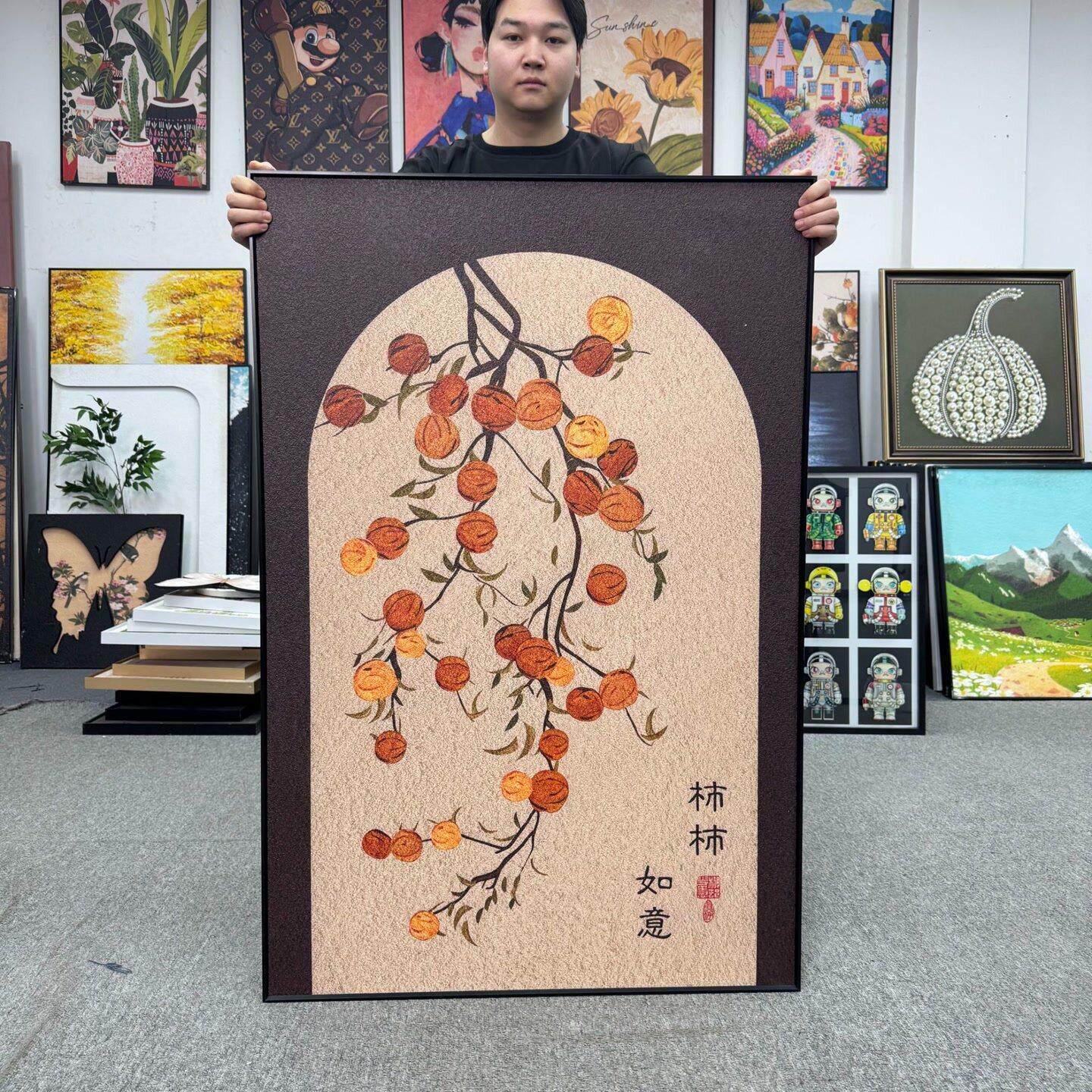 中式复古柿柿如意装饰画K103拱形客厅背景墙挂画玄关80120