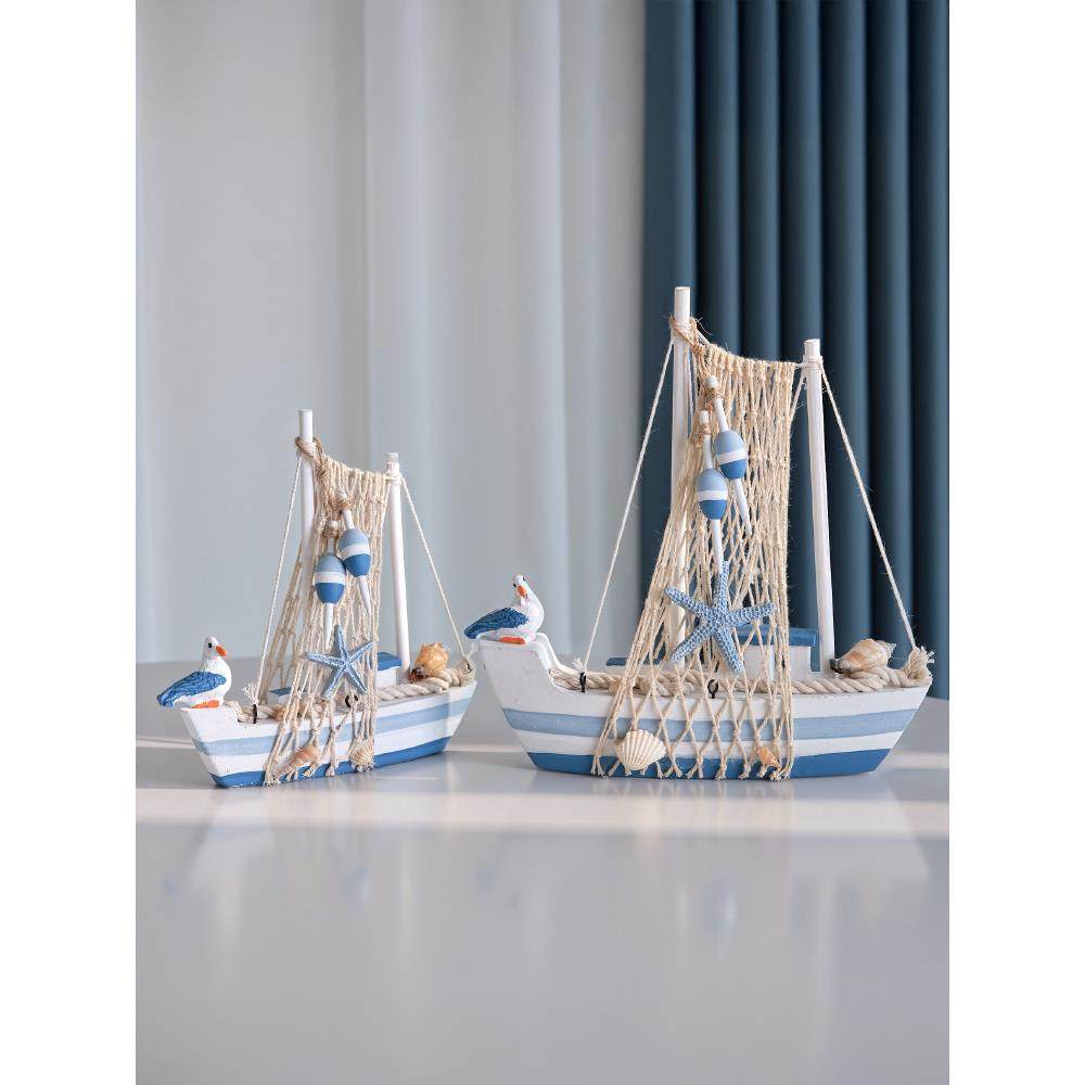 地中海帆船模型帆船饰品木制海鸟船工艺品船桌海洋风格装饰