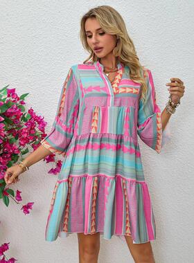 Women's printed collar seven quarter sleeve dress