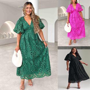 Long skirt women's collar waist cinched hollow