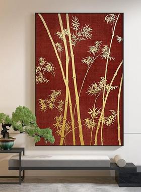 新中式装饰画客厅玄关壁画红色阁楼竹子肌理艺术竖版走廊过道挂画
