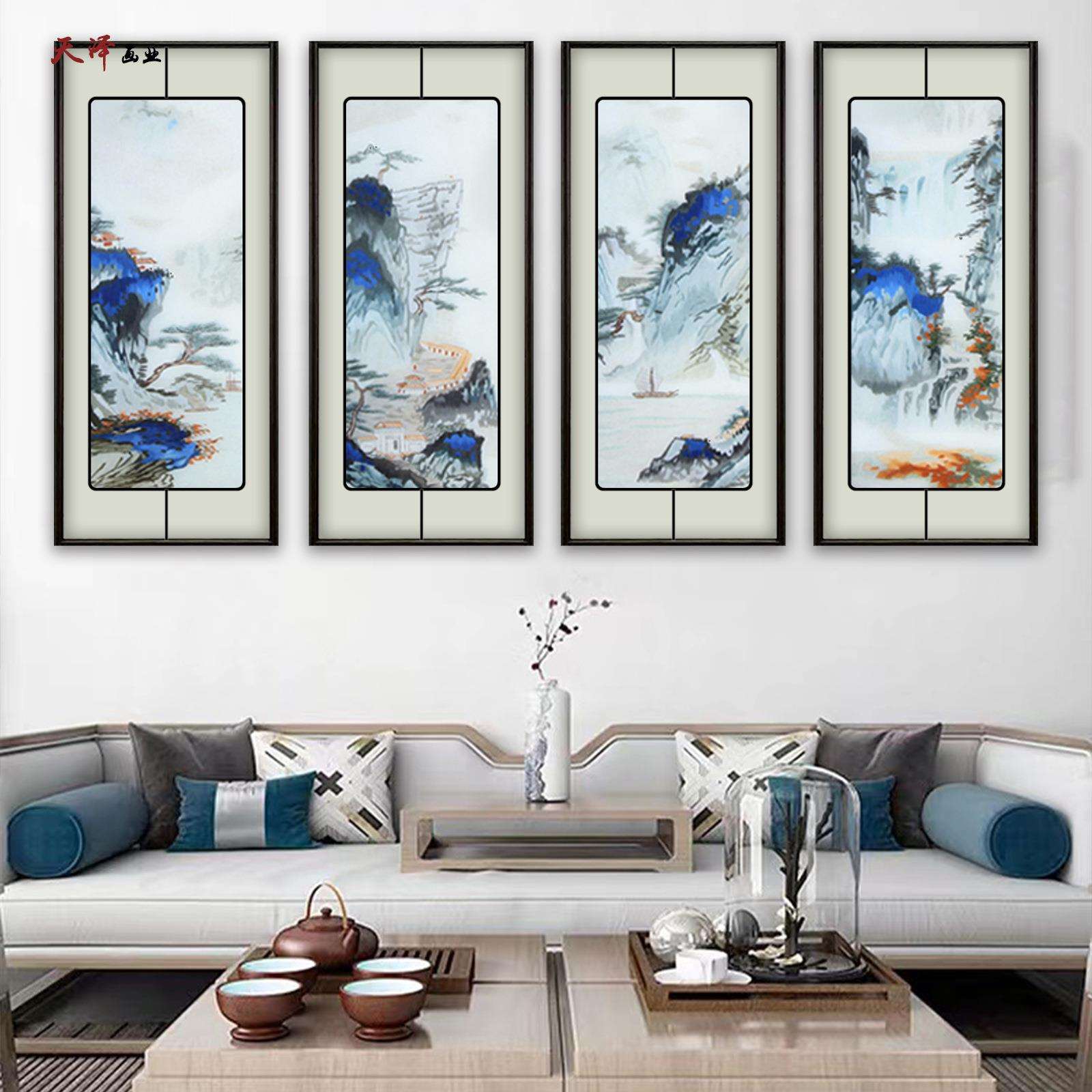 国潮国风山水四联刺绣装饰画苏绣挂画壁饰客厅酒店宾馆背景装饰品