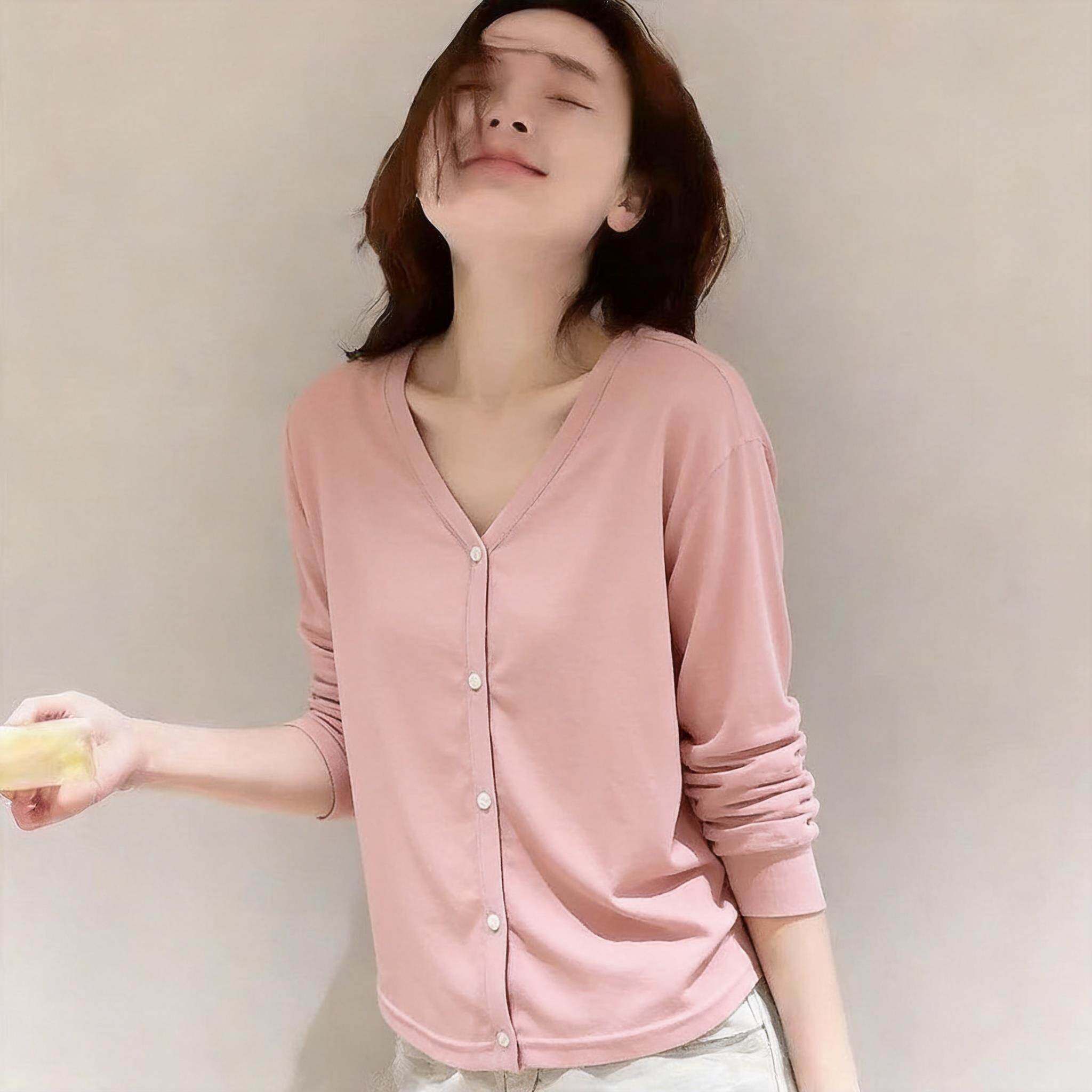 韩版软糯天丝莱赛尔V领天鹅颈显白慵懒空调开衫女宽松百搭防晒衫