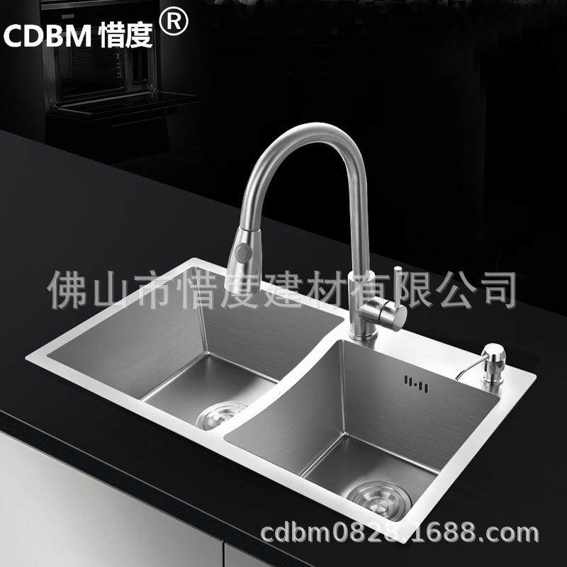 厂家直销304不锈钢水槽手工水槽加厚板手工盆75*42双槽含龙头套装