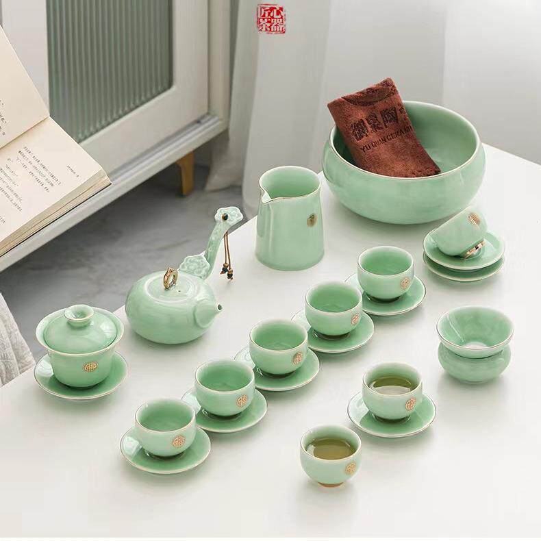 轻奢迷你青瓷侧把茶具套装家用简约日式功夫喝茶杯碗茶壶整套茶道