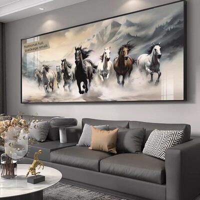 八骏图背景墙装饰画挂画办公室沙发大幅画客厅马到成功大气书房