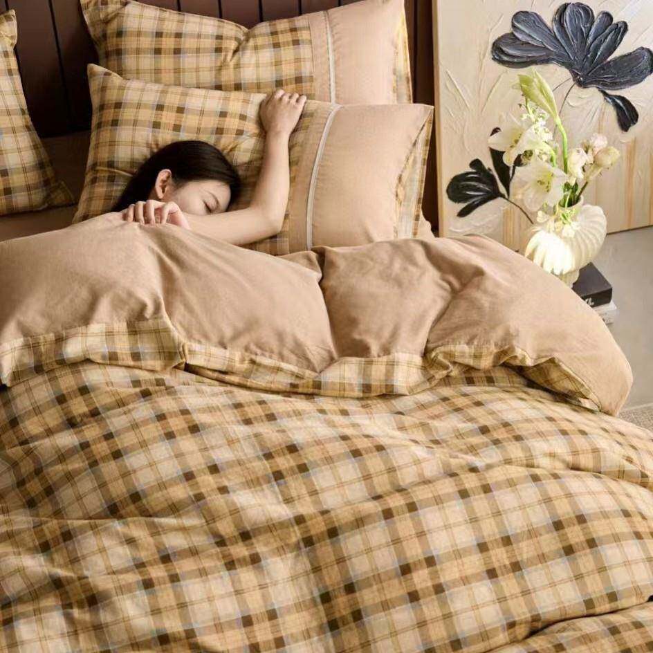 春季全棉双层纱复古风花边款四件套纯棉条纹撞色柔软亲肤床品套件