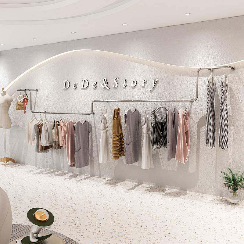 服装店挂衣架新款不锈钢拉丝银色衣服展示架女装店落地式上墙货架