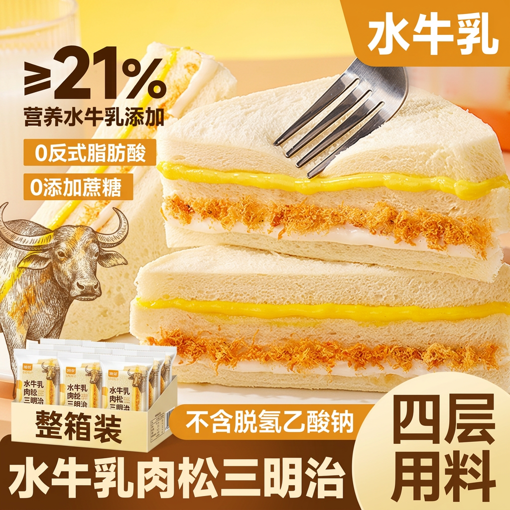 比比赞水牛乳肉松三明治面包整箱早餐零食健康充饥休闲食品小吃