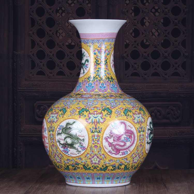 陶瓷工艺品景德镇厂家批发 釉上彩九龙赏瓶大号陶瓷花瓶家居摆件