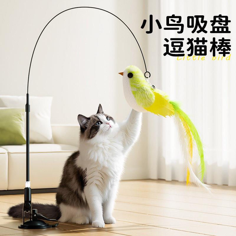 仿真小鸟吸盘逗猫棒长杆羽毛替换头猫咪玩具自嗨解闷幼猫小猫